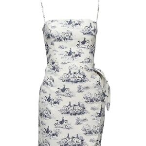 Small Reformation White Blue Toile Horse Print Grad Mini Wrap Dress